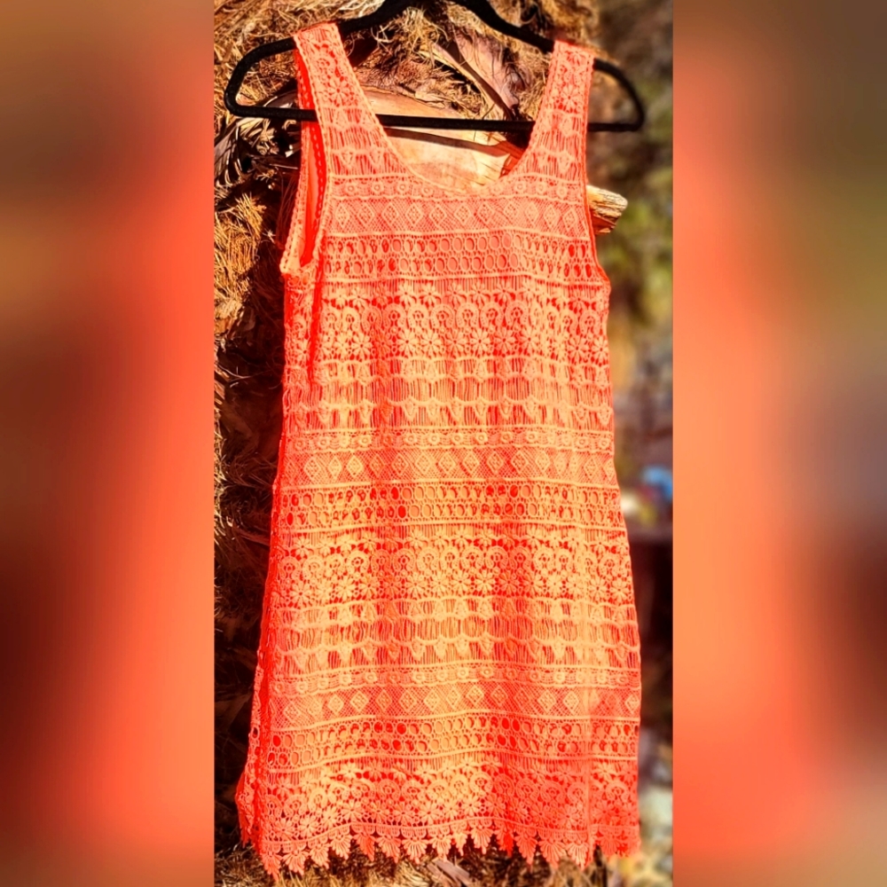 MACRAME boho y2k neon tangerine pull on detail hem dress
